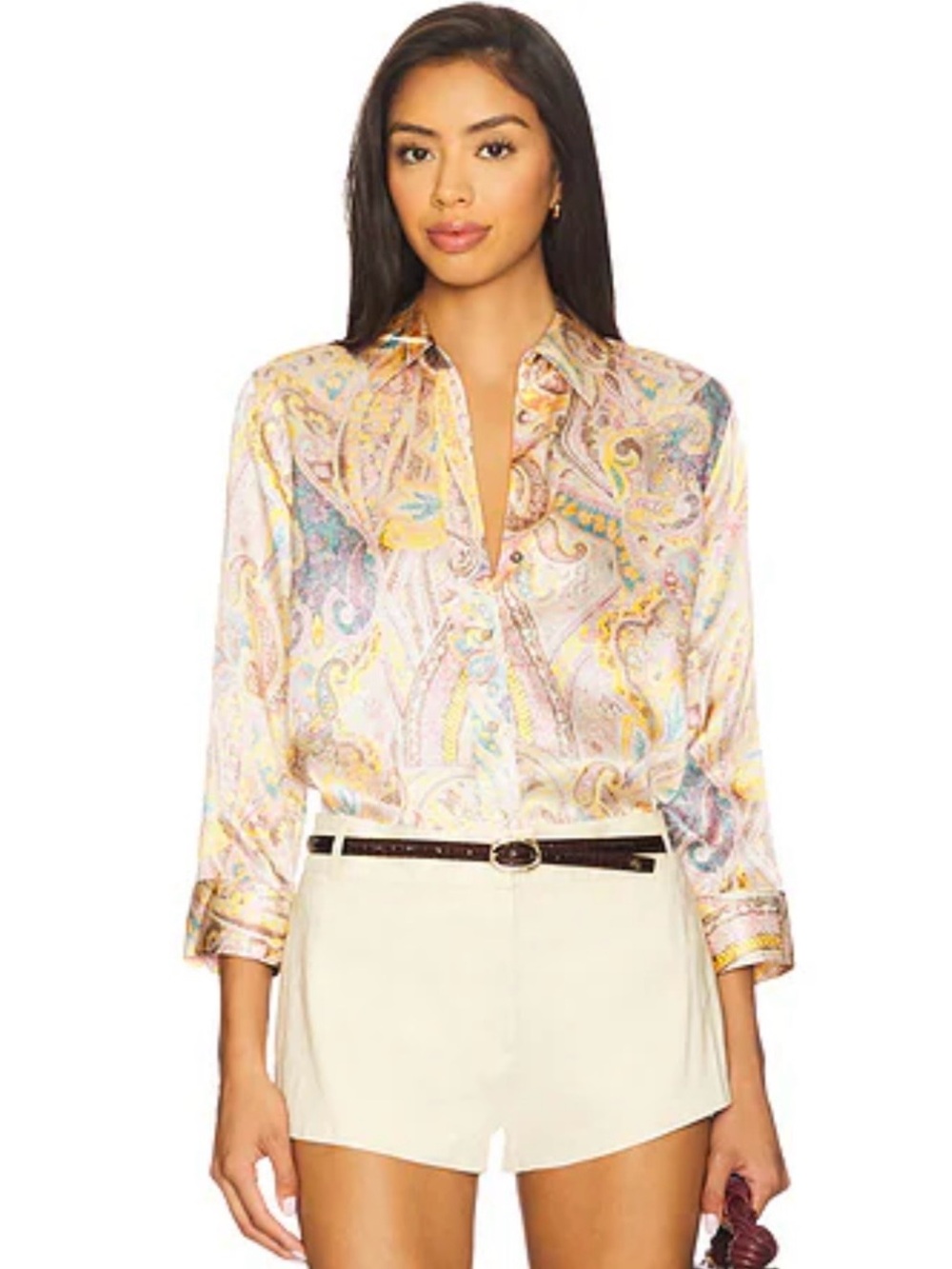 L’Agence Dani Paisley Silk Button-Up Shirt - Pink Multi size M